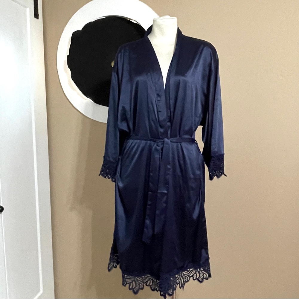 Mother of the Groom Satin Robe | Plus Size Midnight Blue | Embroidered Back
